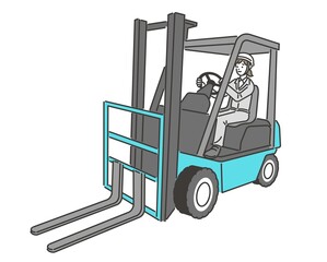 フォークリフトを操作する女性のベクターイラスト素材／工場／倉庫／運搬／運送／シンプル／女性