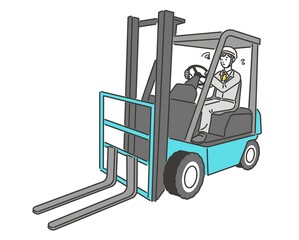 フォークリフトの操作が不安（心配な）な男性のベクターイラスト素材／工場／倉庫／運搬／運送／シンプル／男性