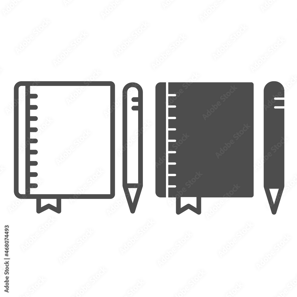Aufkleber notebook and pen, copybook, drawing block, notepad line and solid icon, education concept, pad vecto