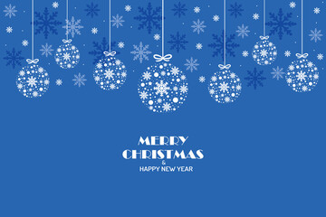 Blue Christmas background with snowflakes hanging. Vector design of winter holidays. Merry Christmas and Happy New Year greeting card.