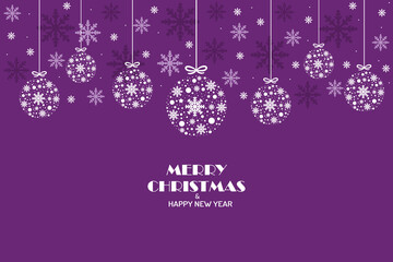 Christmas purple background with balls hanging decorations. Vector design of winter holiday. Merry Christmas and Happy New Year greeting card.