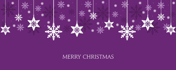 Naklejka na ściany i meble Xmas banner with snowflakes hanging. Vector design of winter holidays on purple background. Merry Christmas greeting card.