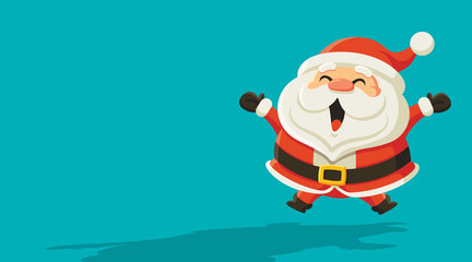 Merry Christmas custom greeting card signboard. Cartoon cute old Santa Claus jumping excitedly on empty space turquoise background