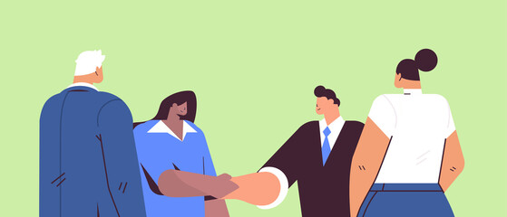 mix race businesspeople discussing during conference meeting and shaking hands brainstorming teamwork agreement