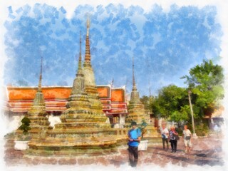 Fototapeta premium Ancient architecture of Thailand watercolor style illustration impressionist painting.