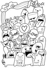 Hand-drawn illustrations, monsters doodle Illustrations coloring book, Hand Drawn cartoon monster illustration,Cartoon crowd doodle hand-drawn Doodle style.