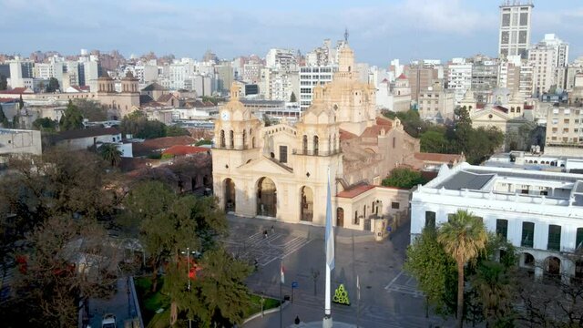 Aerial cityscape of Cordoba, Argentina with Cathedral of Nuestra Senora de la Asuncion in the focus