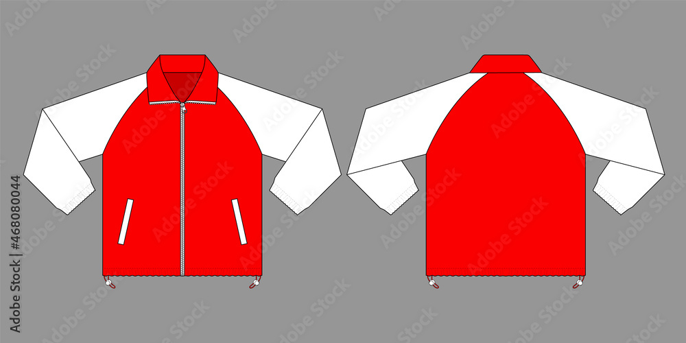 Wall mural red-white raglan sleeve jacket with elastic and cord stopper template vector on gray background.fron - Wall murals