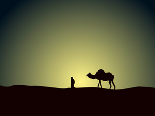 Fototapeta na wymiar silhouette of camel in the desert