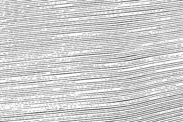 Grunge texture of striped thin uneven lines. Monochrome background of the end of a book or a stack of paper, with intermittent curved lines. Overlay template. Vector illustration - obrazy, fototapety, plakaty