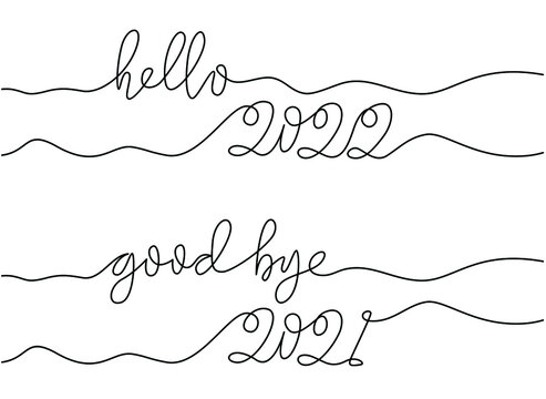Hello  new year 2022 logo text design and good bye 2021 ,one continuous line drawing. Vector illustration with black lines isolated on white background