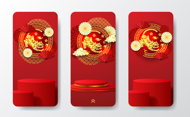 Happy chinese new year. 2022 year of tiger, zodiac horoscope. traditional pattern decoration with cylinder podium stage display for social media stories banner