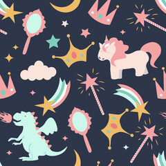 cute vector seamless pattern with hand drawn crowns, unicorns, dragons, stars and comets on a dark blue background. childish flat illustration for printing on fabric, kids clothing, wrapping paper