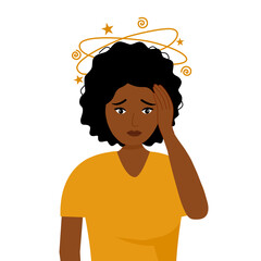African woman having dizzy symptom in flat design on white background. Black female feeling vertigo. Dizziness illness.