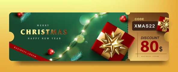 Merry Christmas Gift promotion Coupon banner with festive decoration for christmas