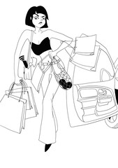 Young woman with shopping bags and bags after shopping gets out of the car. Sudden uncomfortable phone call. Funny lifestyle situation. Contour illustration
