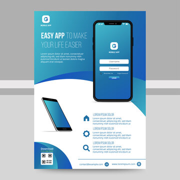 Mobile Apps Flyer template. Business brochure flyer design layout. smartphone icons mockup. application presentation. Magazine ads. blue cover. poster. leaflet. infographics. advertisement. in A4 size