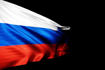 3D illustration of the national flag of Russia on a metal flagpole fluttering against the blacl isolated background. Country symbol.