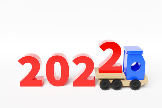3D rendering of New Year's date 2022 on a kids toy truck. Image of a calendar. Symbol of the coming year. Changeability of years.