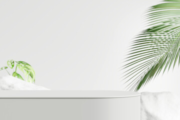 White product display podium with blurred nature leaves background. 3D rendering	
