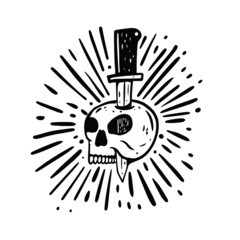 Scull with knife tattoo. Hand drawn black color vector illustration.