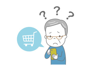 スマートフォンでネットショッピングをしようとして困っているおじいさん