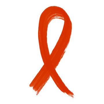 Red ribbon - emblem symbol for AIDS HIV awareness. Grunge textured hand drawn ink paint stroke. Clip art, vector design element for healthcare medical concept isolated on white background