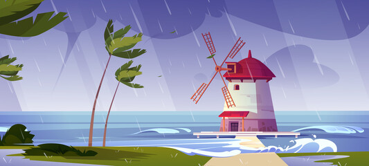 Lighthouse wind mill on sea at storm, beacon windmill building at nature ocean landscape with splashing water waves and bent palm trees under dull cloudy sky and rain, Cartoon vector illustration © klyaksun