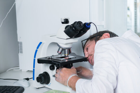 male chemist adjusting microscope in pharmaceutical laboratory Spbd. screen with image.
