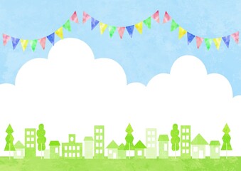 ガーランドと空と街並みのイラスト　水彩風