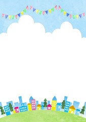ガーランドと空と街並みのイラスト　水彩風