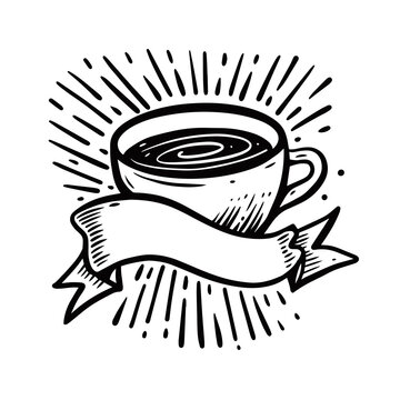 Hand drawn coffee with ribbon. Vintage vector illustration.