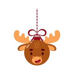 Merry Christmas and new year ball with cute moose. Cartoon winter holidays animal bauble. Vector stock illustration