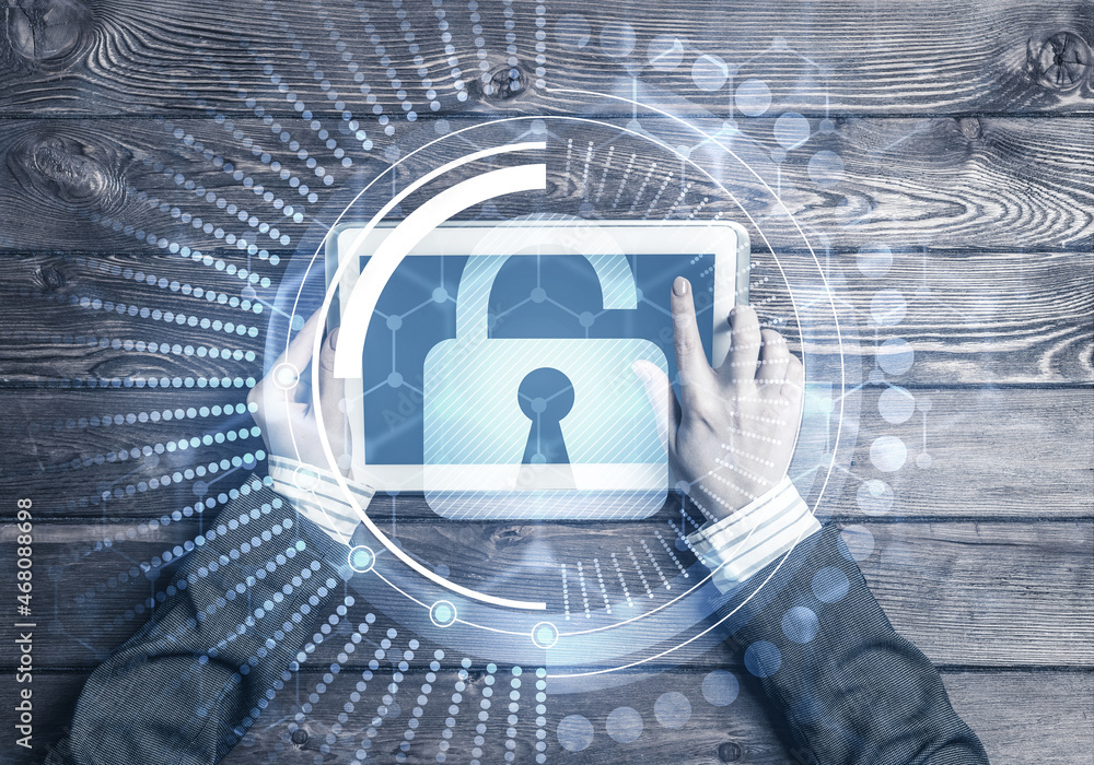 Poster concept of computer access with media lock icon on tablet screen