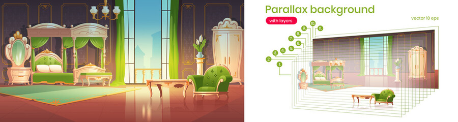 Luxury bedroom interior with furniture in baroque style. Vector parallax background for 2d animation with cartoon illustration of vintage room with canopy bed, mirror, chair and doors to balcony © klyaksun