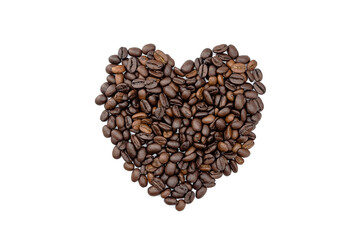 Heap of roasted coffee beans arranged in a heart shape. isolated on a white background.