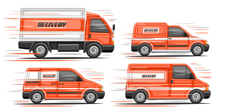 Vector Set Of Delivery Vans, Collection Of 4 Cut Out Illustrations Moving Orange Commercial Van With Word Delivery On Side View, Set Of Different Cartoon Shipping Mini Vans On White Background.