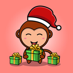 cute animal wearing christmas hat and bring gift