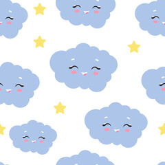Cloud and Stars Cute Seamless Pattern, Cartoon Vector Illustration, Cartoon Background
