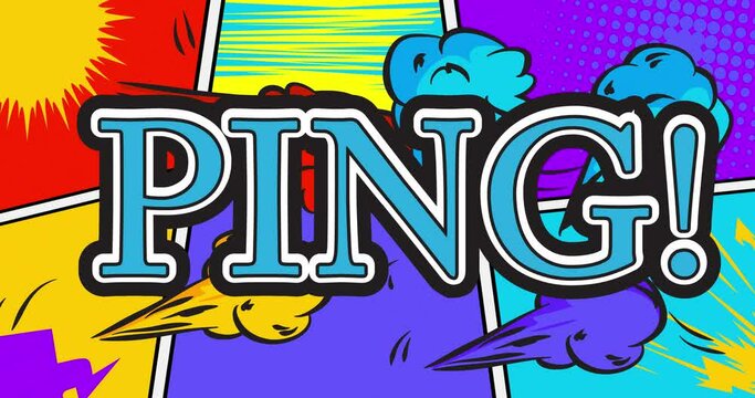 Ping. Motion poster. 4k animated Comic book word text moving on abstract comics background. Retro pop art style.