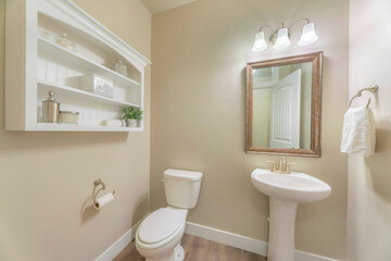 Powder room interior with beige walls and framed shelves with ornamental displays