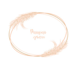 Dry Pampas grass. Soft oval frame for wedding invitations or postcards. Vector hand drawn illustration on a white isolated background. 