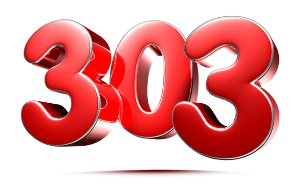 Rounded red numbers 303 on white background 3D illustration with clipping path.