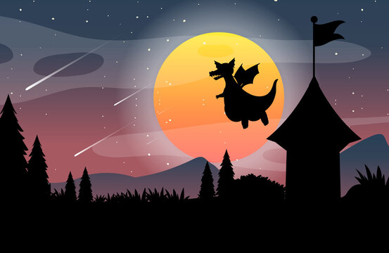 Halloween night background with dragon flying silhouette