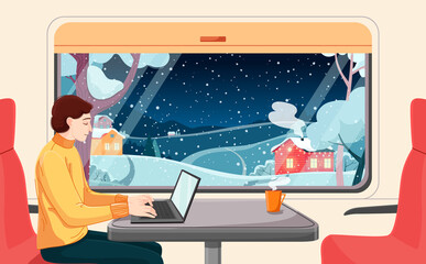 Winter snowy evening outside the train window. A man works in a train carriage. Vector bright illustration. The man is typing on a laptop. Night village landscape with mountains, forest and houses.