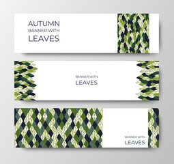 Set of horizontal banners for advertising, invitations, internet sites from colorful leaves. Summer background for sales. Geometric flat design. Place for your text. Vector illustration