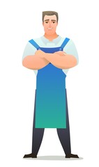 Man craftsman or artist. Guy in apron. Master in workwear. Cheerful person. Standing pose. Cartoon comic style flat design. Single character. Illustration isolated on white background. Vector