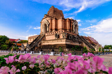 Chedi Luang Varavihara temple with ancient large pagoda is 700 years in Chiang Mai, Thailand.