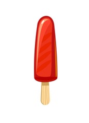 Red Ice cream. Summer food sweet dessert. Flat design. Object is isolated on a white background. Popsicle on a stick. Illustration Vector.