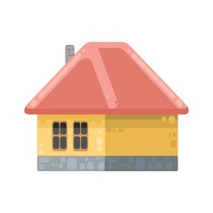Small country house with orange walls and red roofs. Funny cartoon style. Country suburban village. Traditional simple architecture. Illustration for children is isolated on white background. vector.